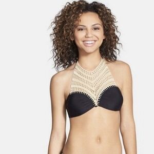 The Bikini Lab Womens Halter Crochet High Neck Bikini Swim Top Size Large Black